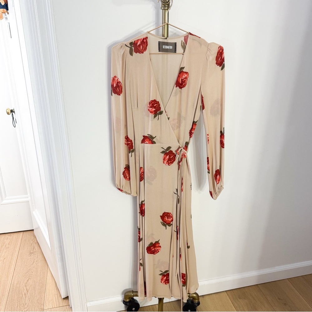 reformation floral wrap midi dress